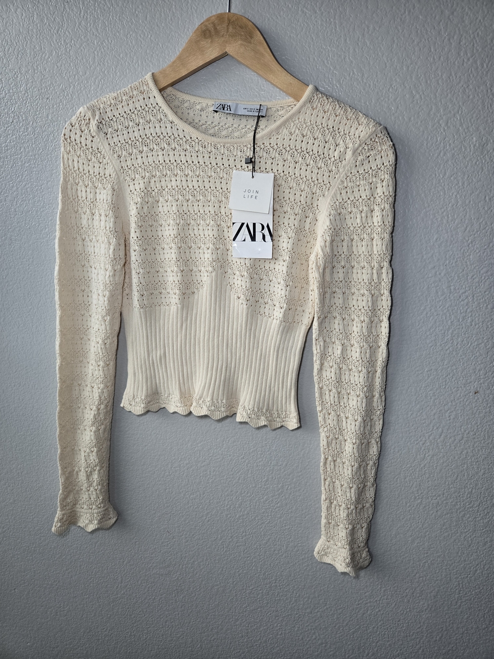 ZARA Cream Crochet Ribbed Waist Long-Sleeve Top Size Small